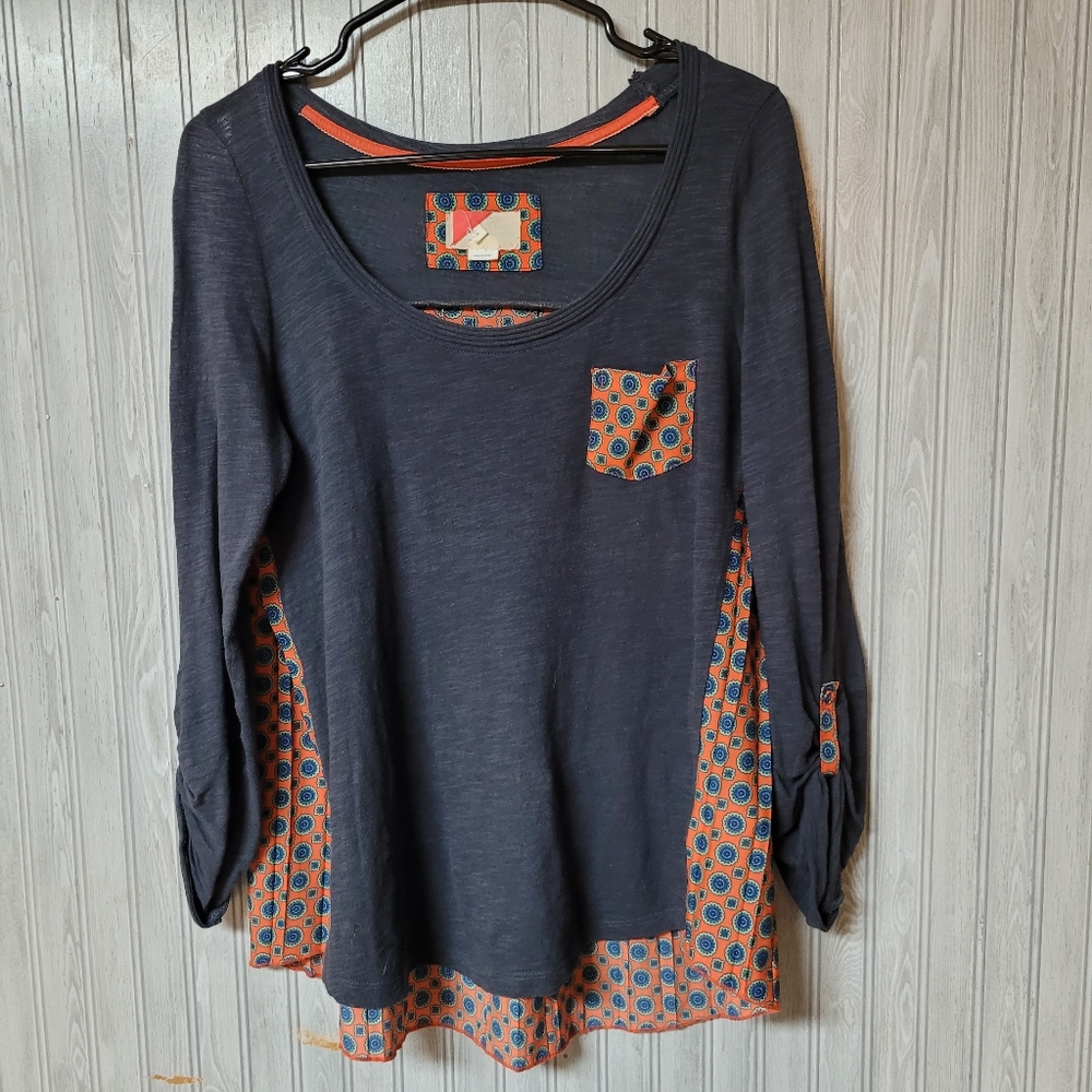 Anthropologie Womens Orange Boho Print Pleated Longsleeve Shirt